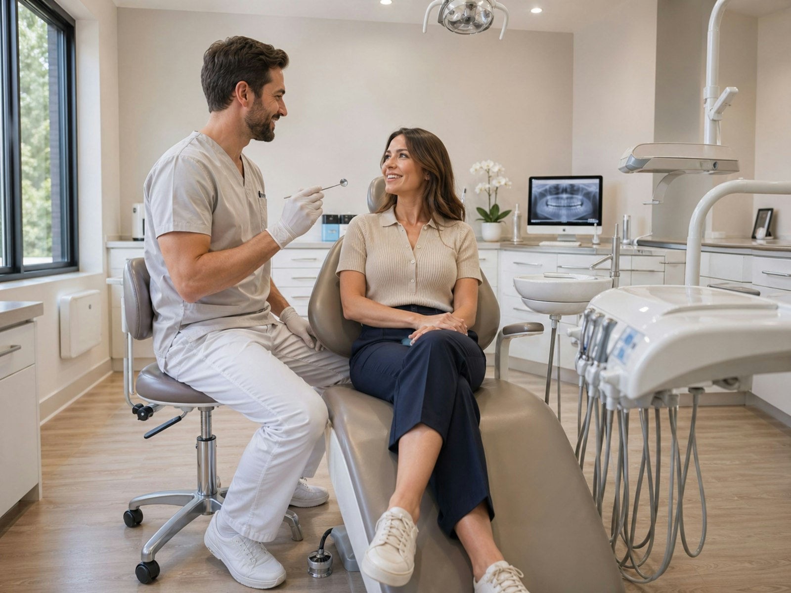 Dentist speaking warmly with a patient seated in the dental chair