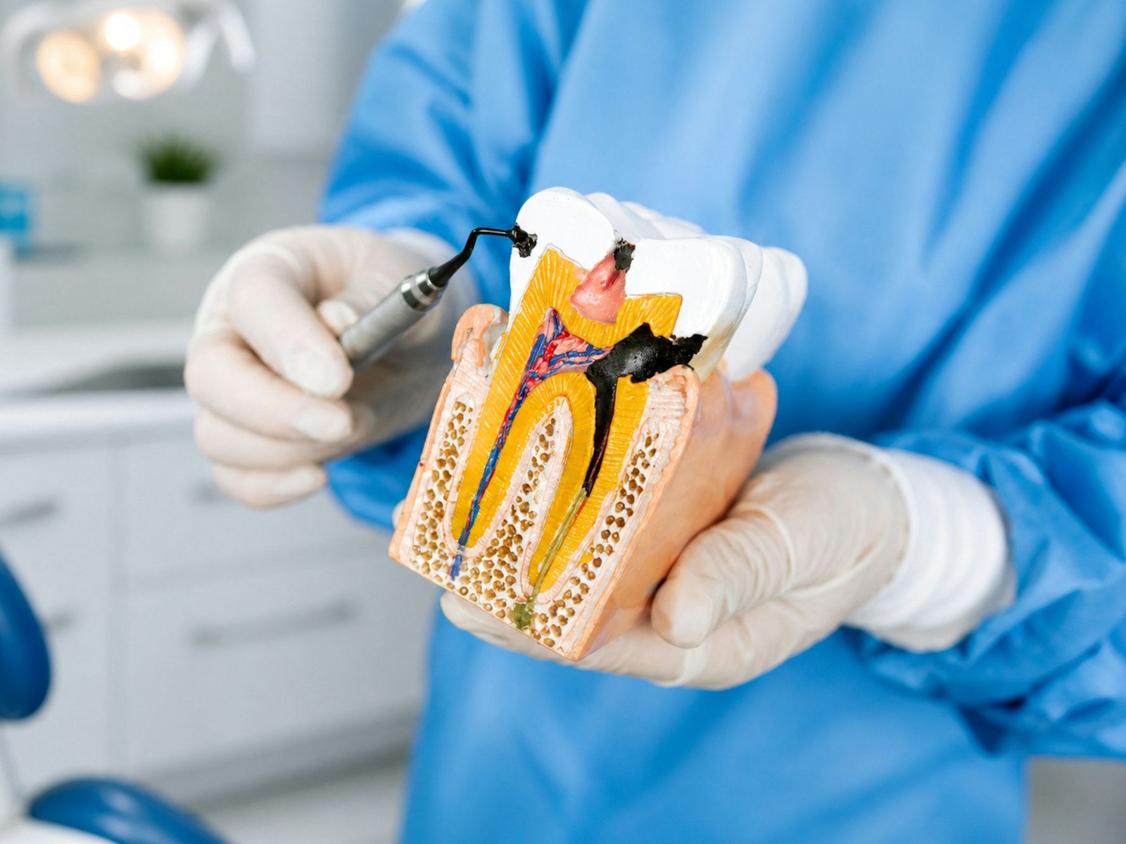 Dentist using clinical tools for careful dental implant planning