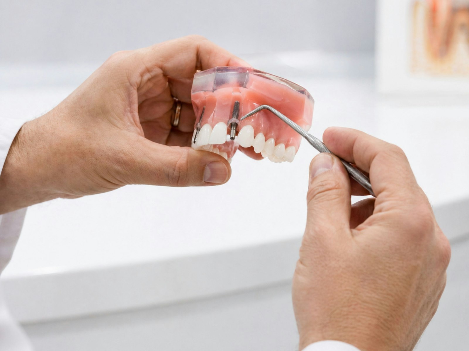 Dentist pointing to a dental implant model in Belmont MA
