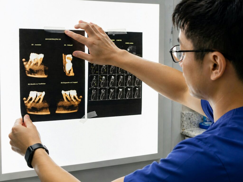 Dentist reviewing dental X-rays for an implant second opinion in Belmont MA