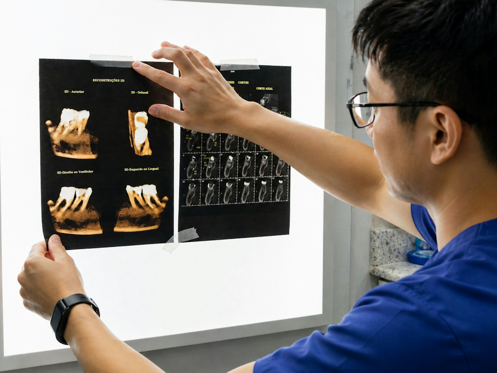 Dentist reviewing dental X-rays for an implant second opinion in Belmont MA